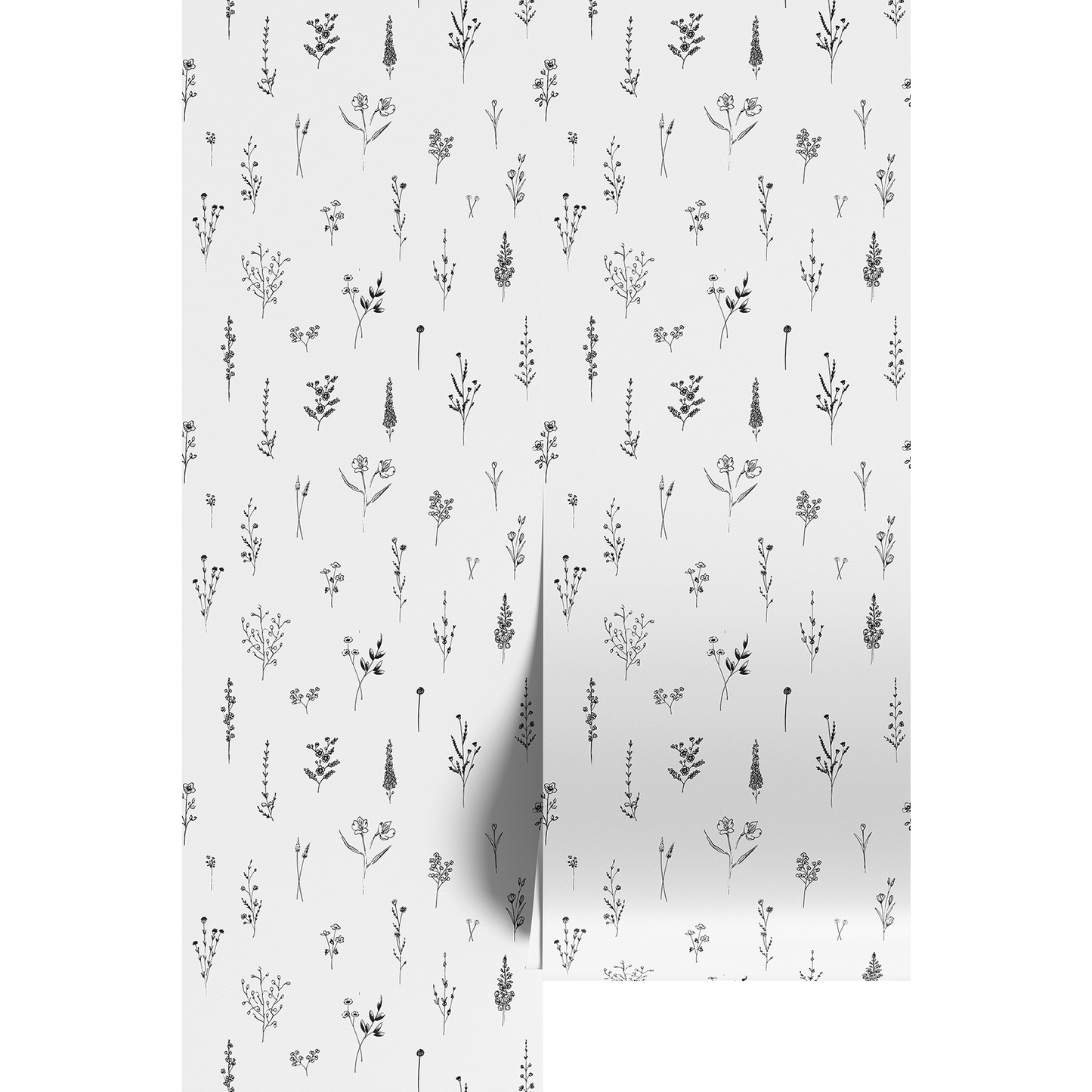 Patterned paper with small black flower illustrations on a white background.