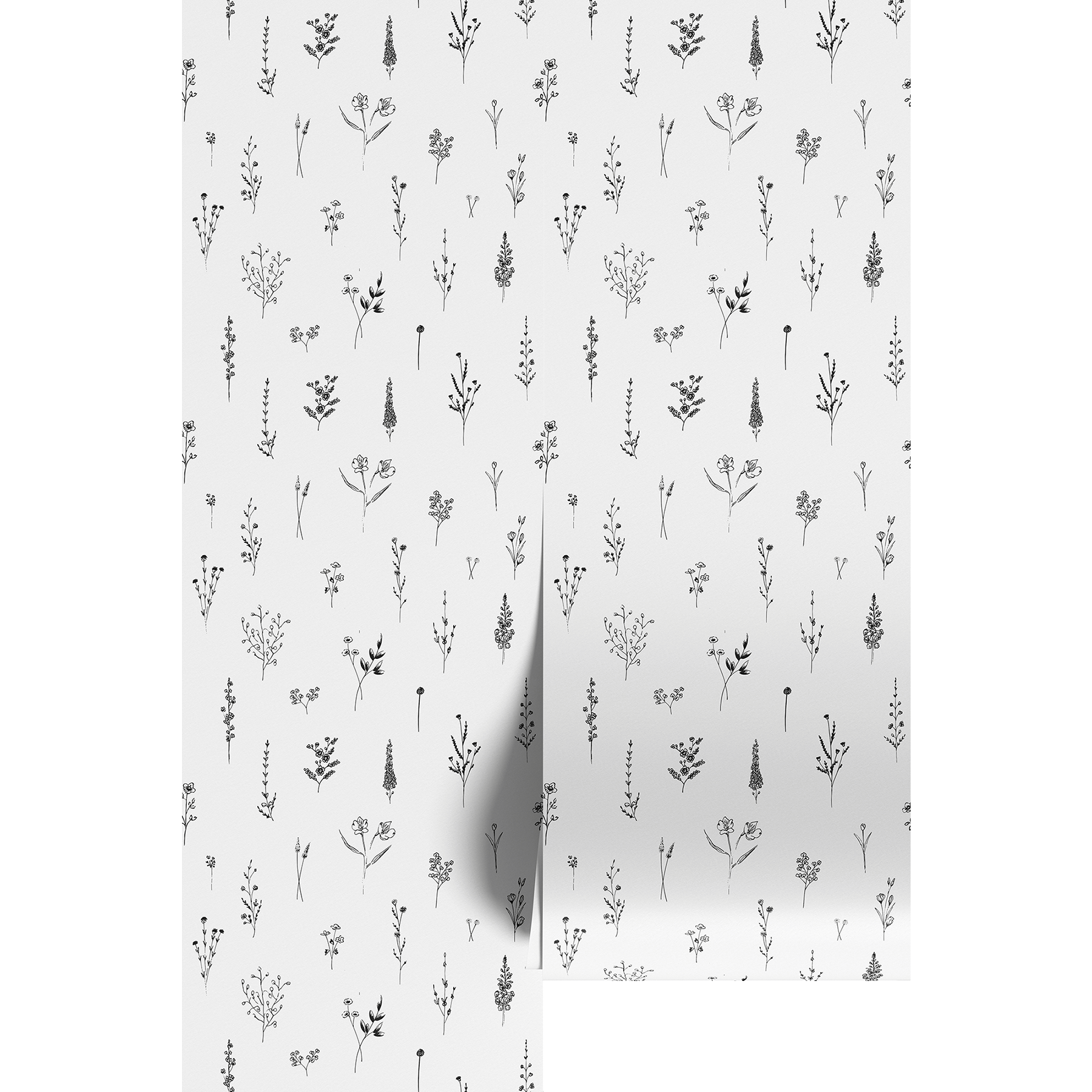 Patterned paper with small black flower illustrations on a white background.