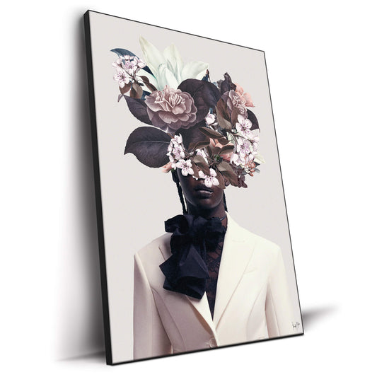 blush black white floral surreal portrait
