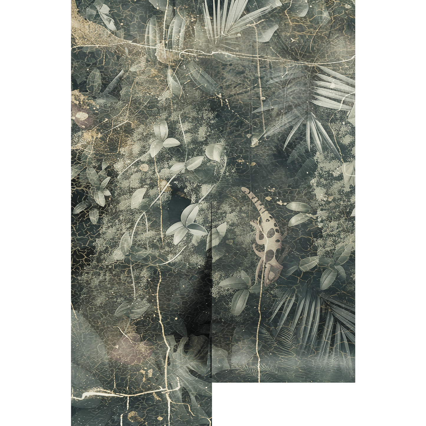 Vintage jungle foliage-themed wall mural on wallpaper panels.