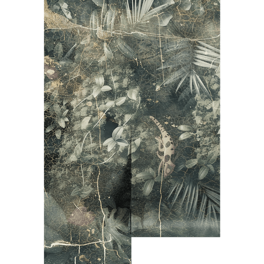 Vintage jungle foliage-themed wall mural on wallpaper panels.