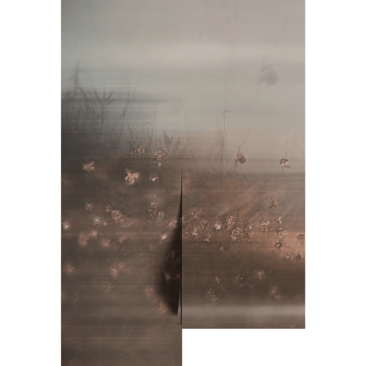 Foggy beach landscape with beach grass and sand on wallpaper panels.