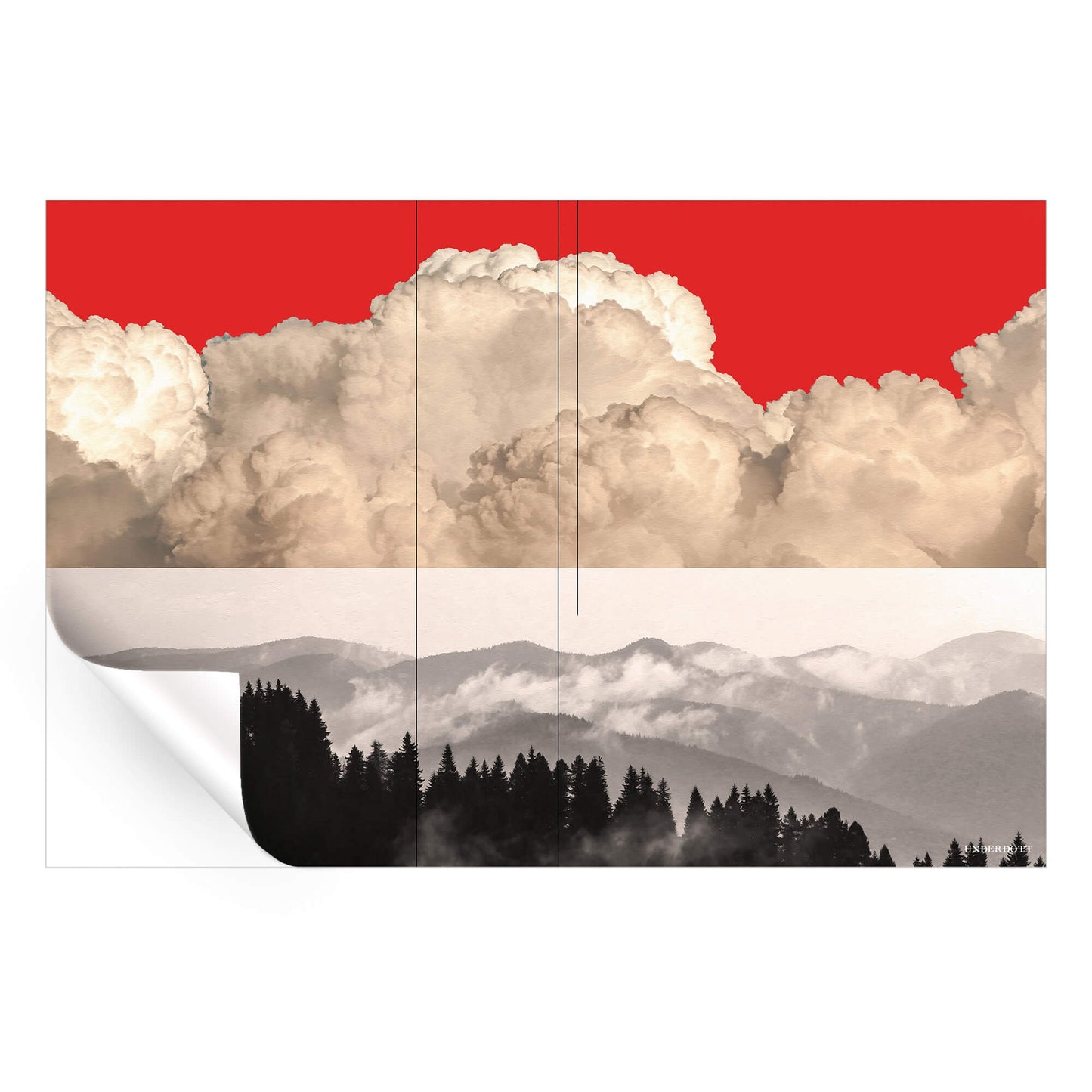 A surreal mountain landscape with a red-tinted sky, filled with striking clouds, evoking intensity and drama.