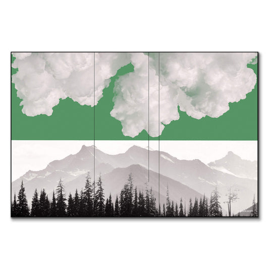 A surreal mountain landscape with a green-tinted sky, filled with striking clouds, evoking intensity and drama.
