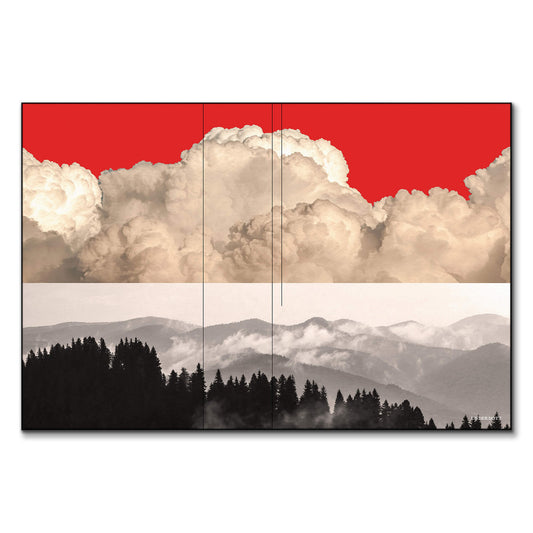 A surreal mountain landscape with a red-tinted sky, filled with striking clouds, evoking intensity and drama.