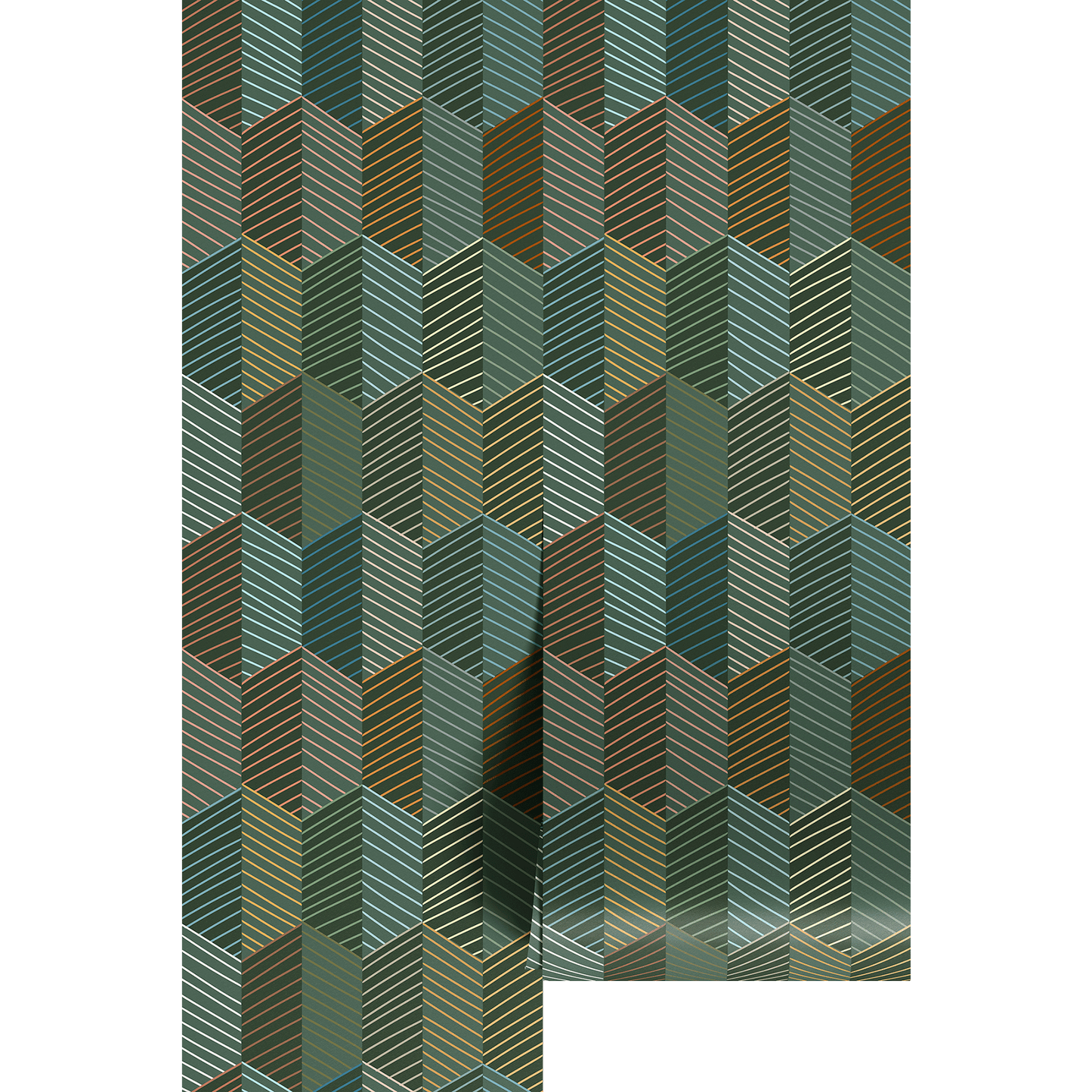 Geometric wallpaper pattern green and brown colors, multicolored stripes, on wallpaper panels. 