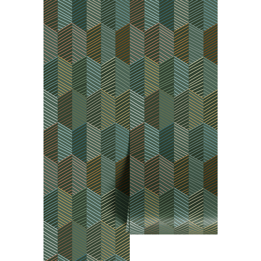 Geometric wallpaper pattern green and brown colors, multicolored stripes, on wallpaper panels. 