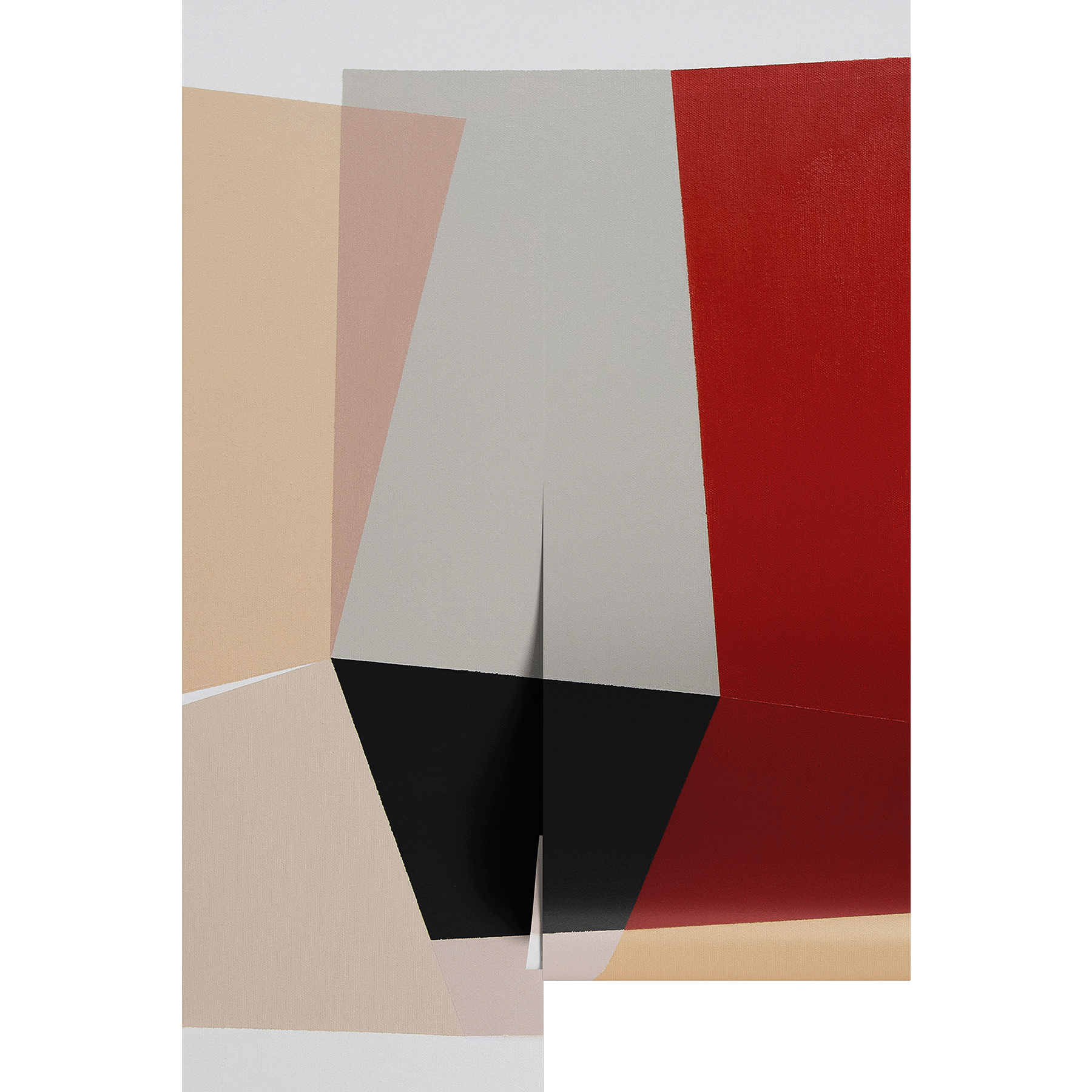 Abstract art piece with geometric shapes in red, beige, black, and gray on wallpaper panels.