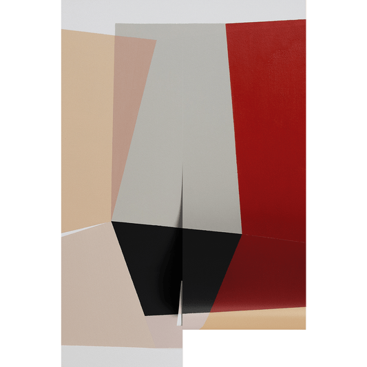 Abstract art piece with geometric shapes in red, beige, black, and gray on wallpaper panels.