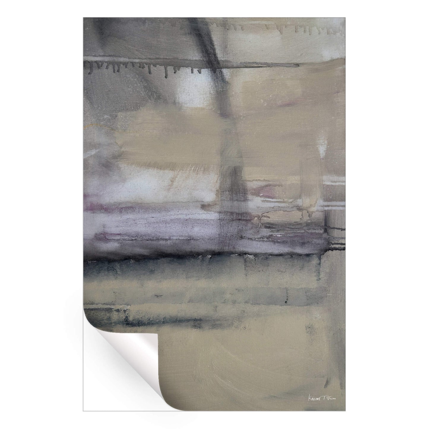 Painting with soft earthy tones with textured lines and drips.