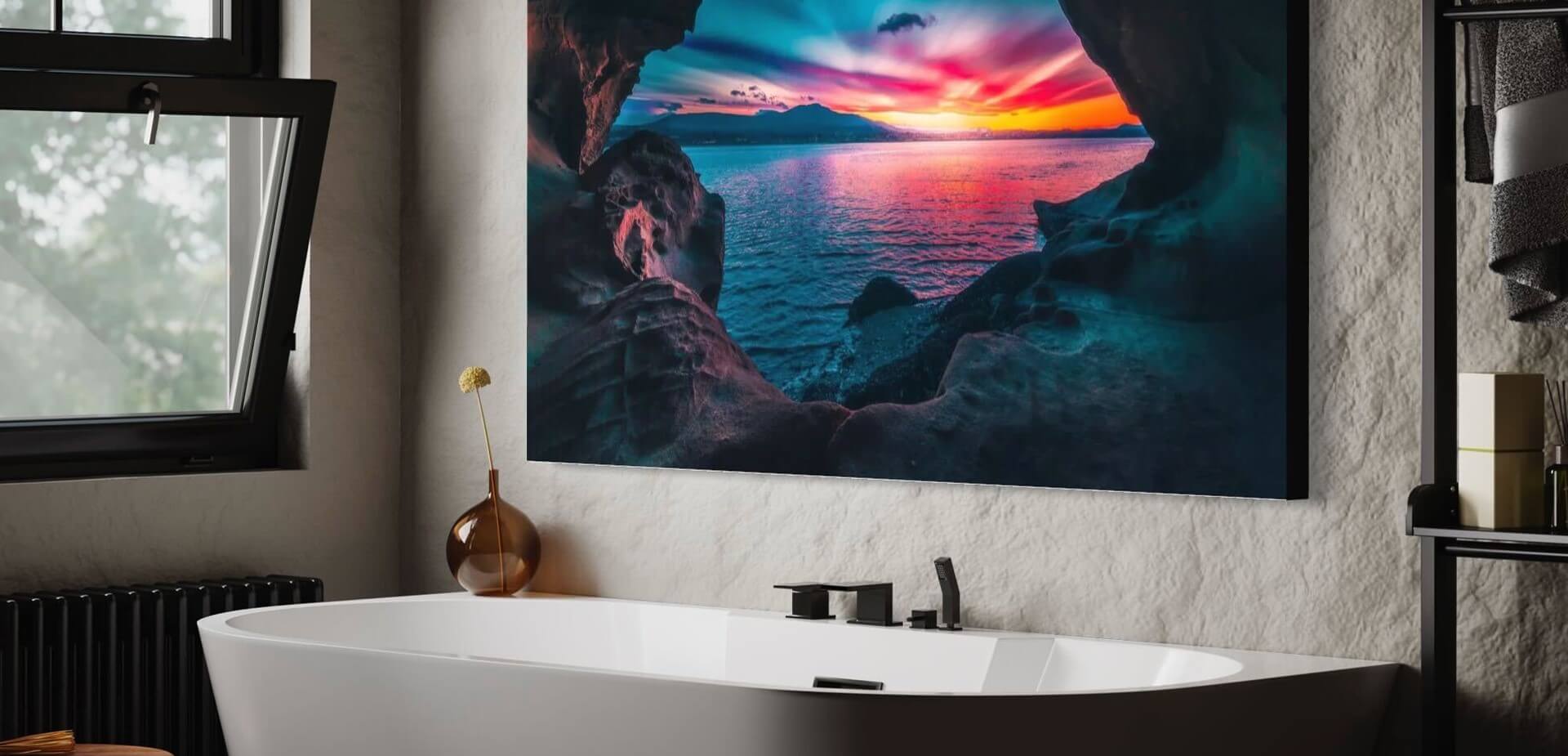 Bathroom wall art with a tropical bird flying hanging above white soaking tub.