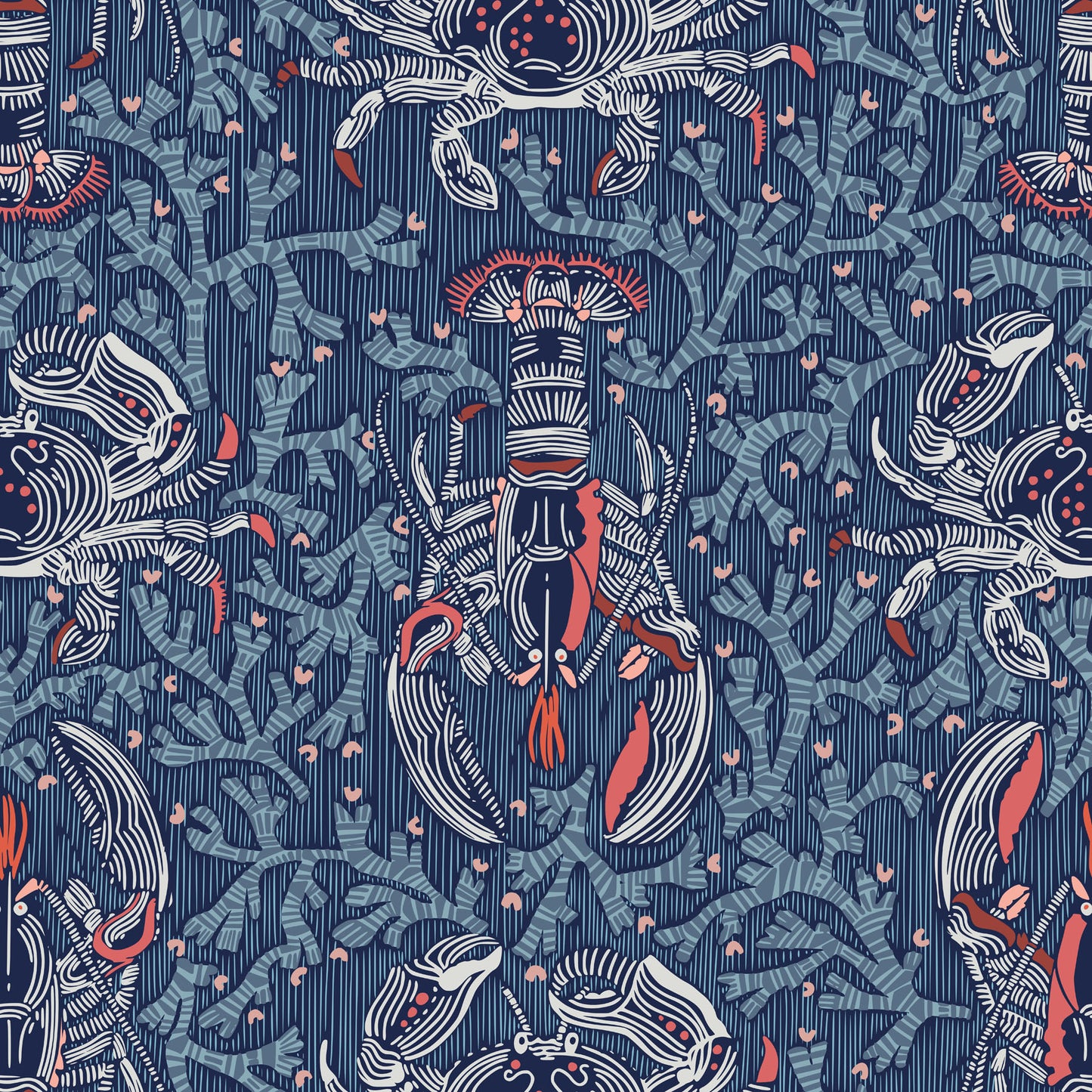 Pattern of crabs, lobster, and coral on a blue background.