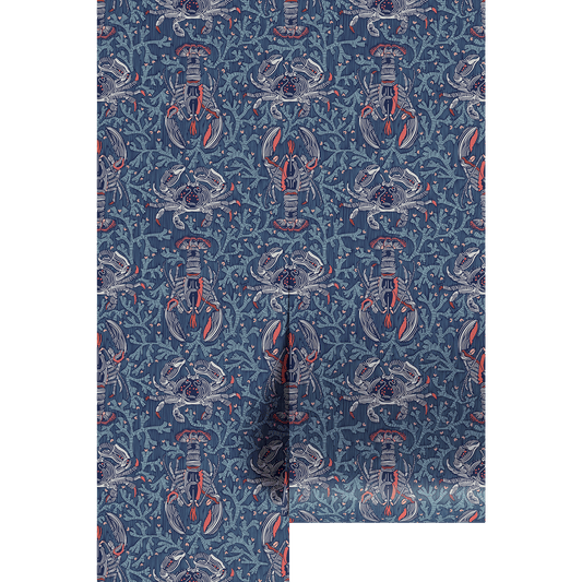 Patterned fabric with crabs and lobsters on a blue background