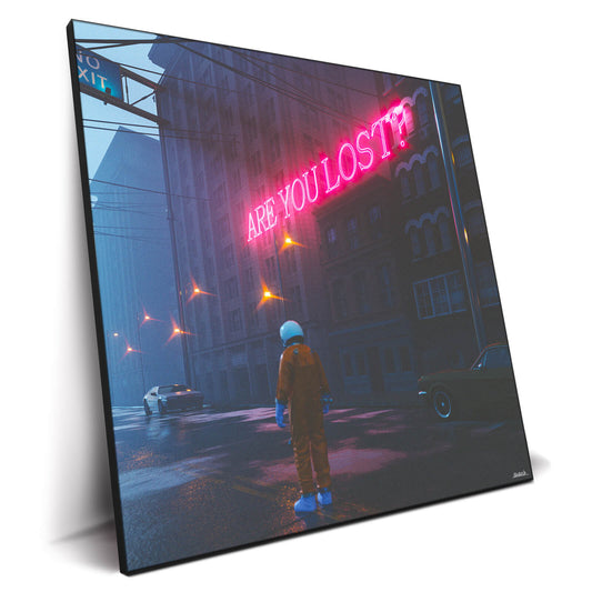 surreal artwork featuring an astronaut on a deserted city street, standing below a neon-lit sign that says "are you lost?"