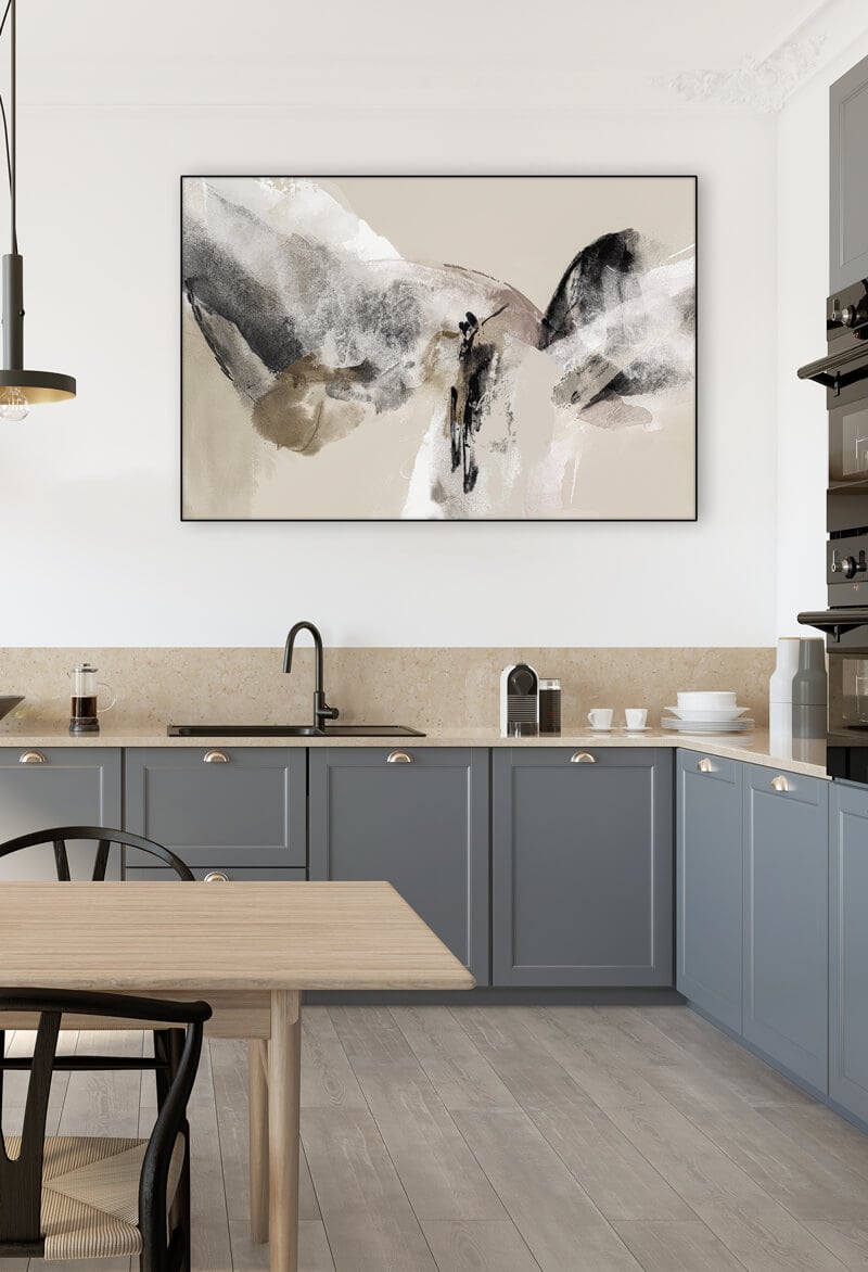 Extra large abstract wall art for kitchen in neutral colors hangs on wall above kitchen sink.