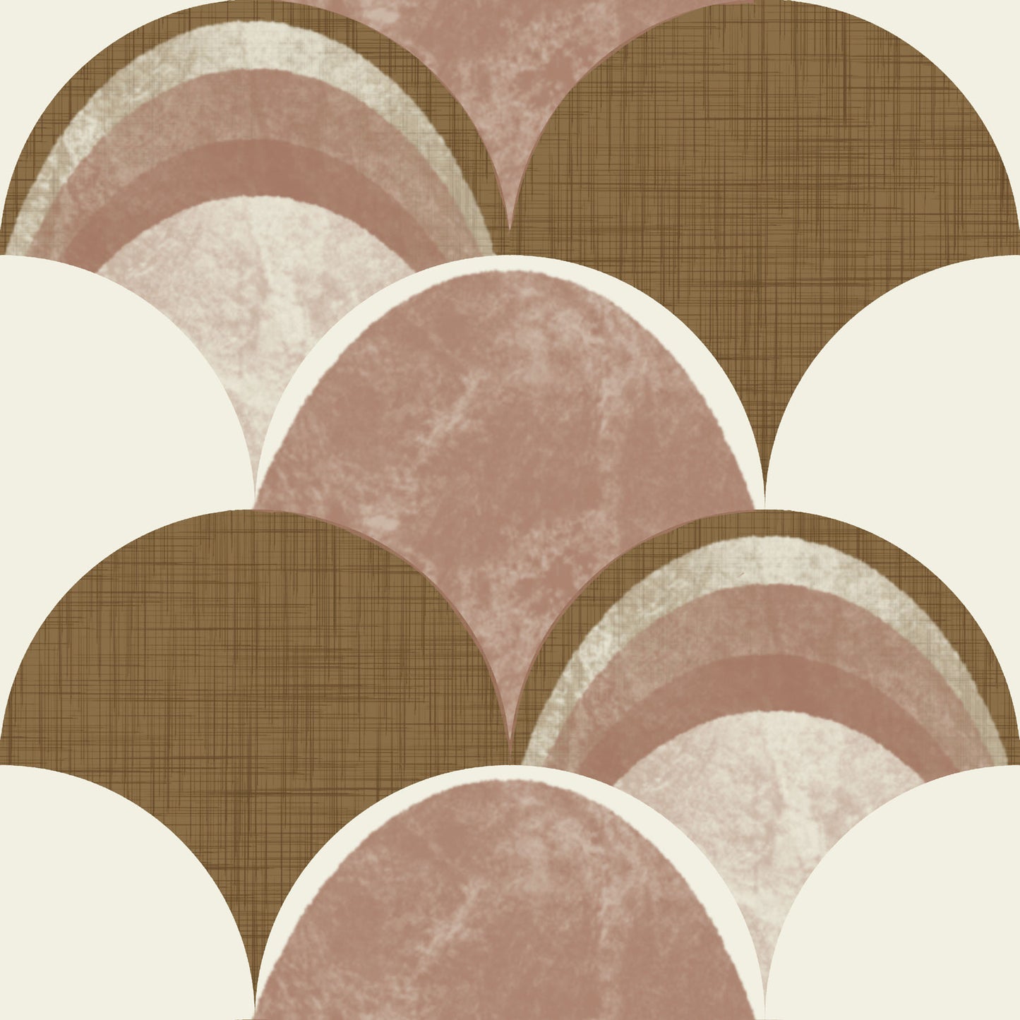 Pattern of textured arched shapes in brown, beige, and white on a beige background.