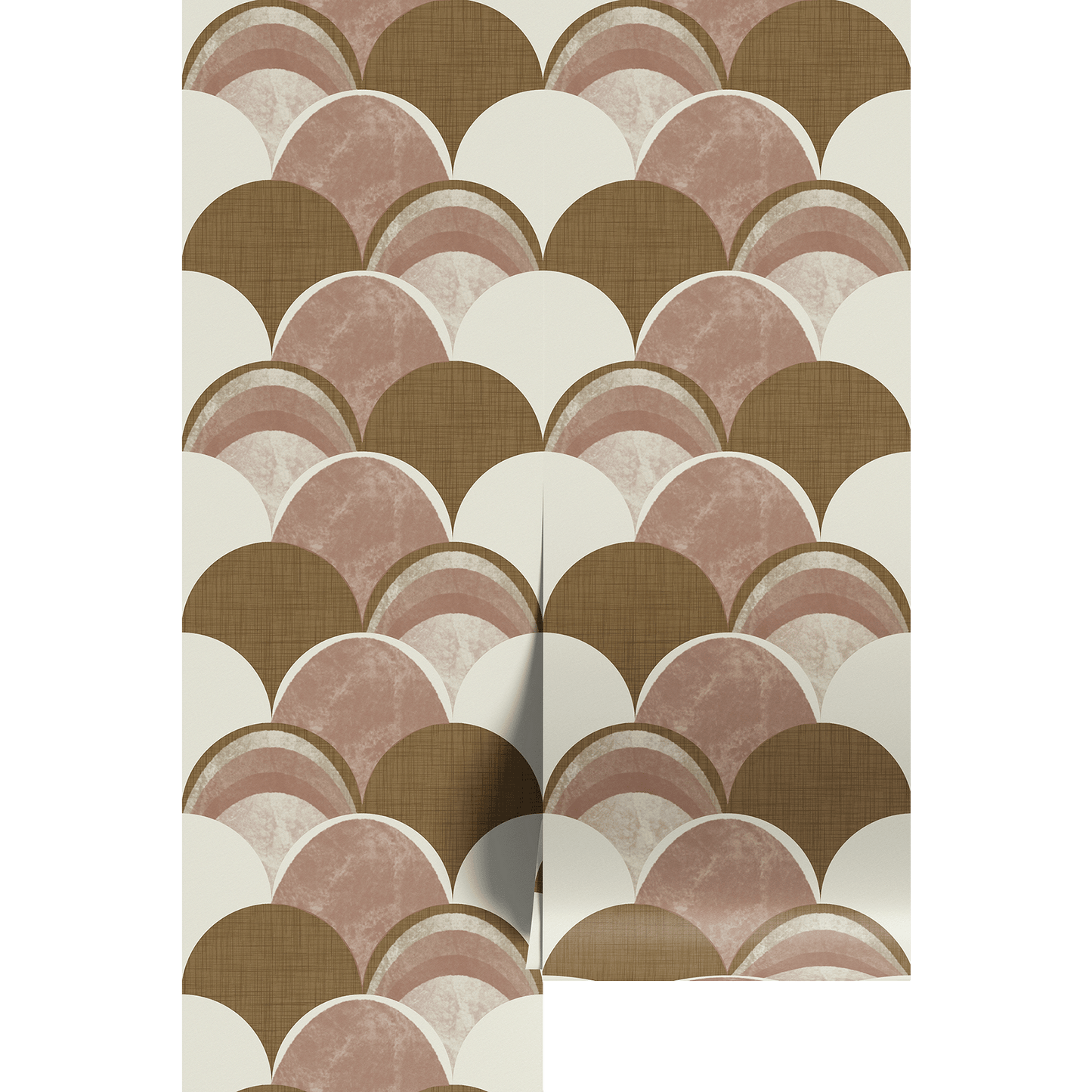 Decorative paper with a geometric scallop pattern in brown, pink, and white on a white background