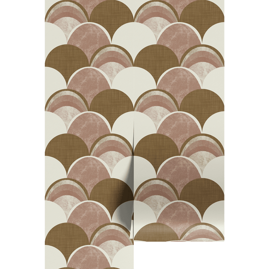 Decorative paper with a geometric scallop pattern in brown, pink, and white on a white background