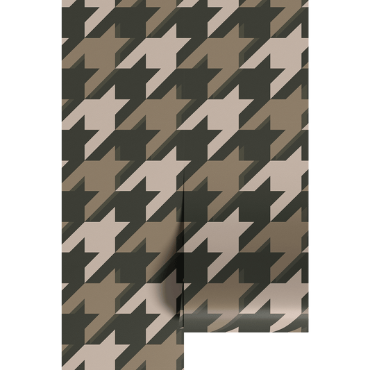 Houndstooth pattern in black, brown, and beige on a white background