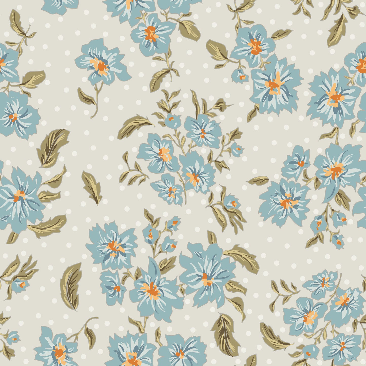 Floral pattern with blue flowers and green leaves on a pale blue background with small white dots.