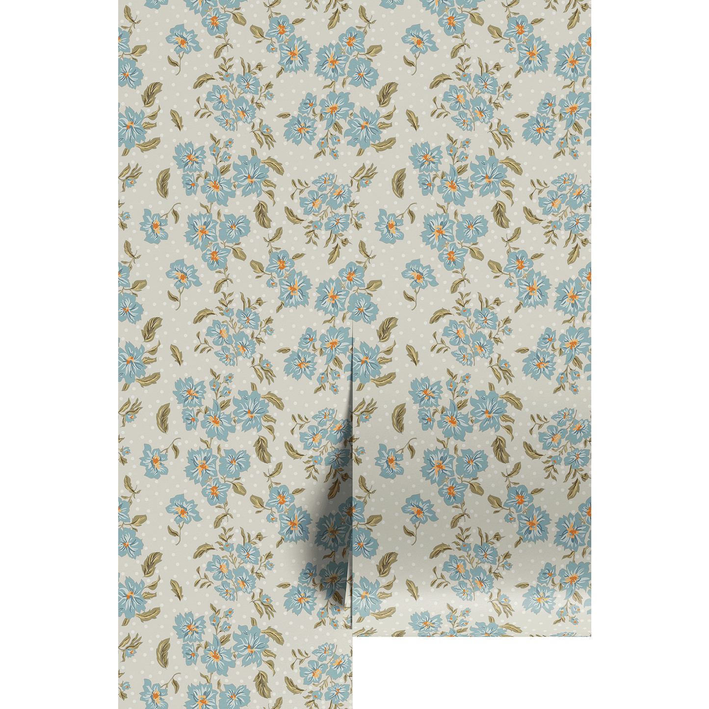 Floral patterned wallpaper with blue flowers on a beige background
