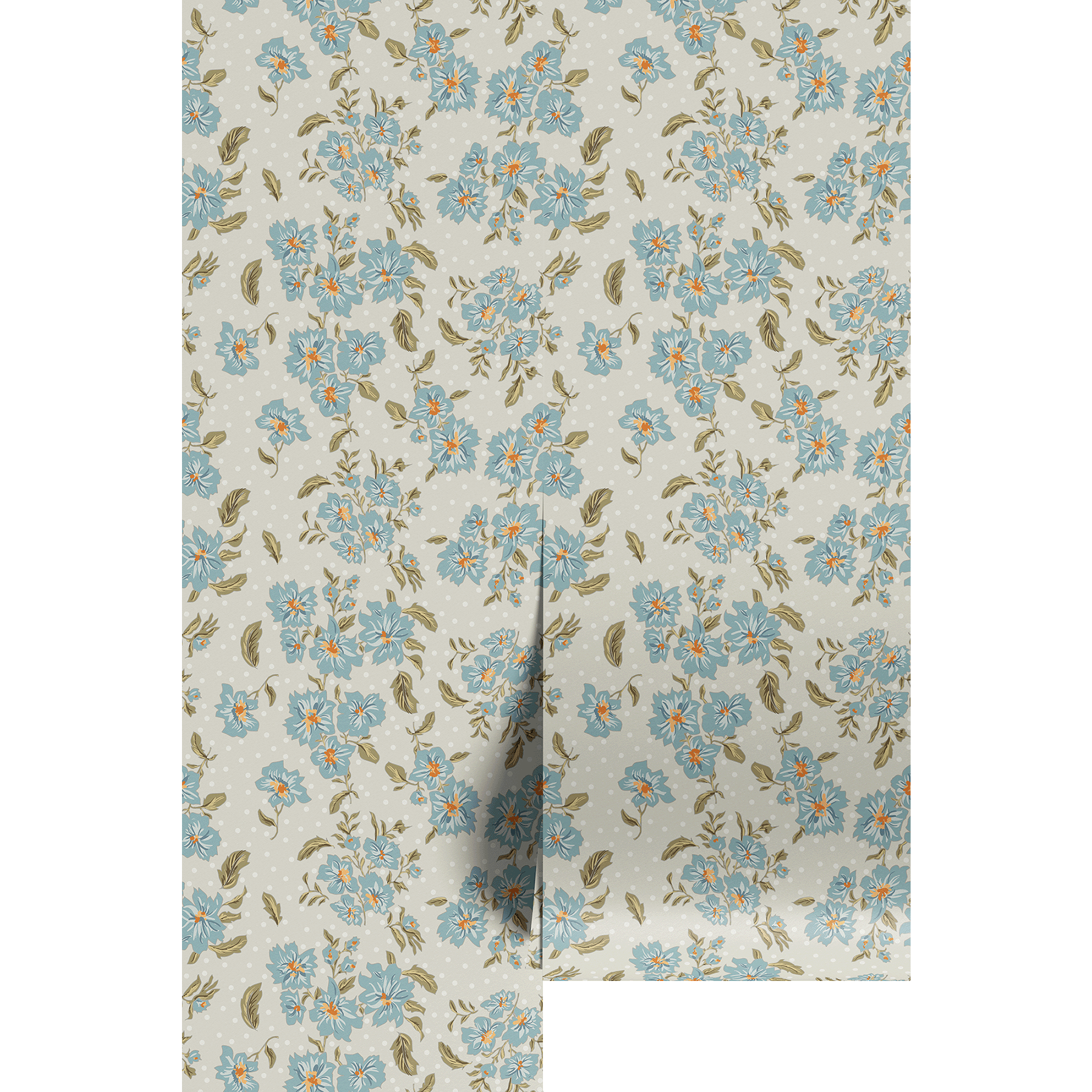 Floral patterned wallpaper with blue flowers on a beige background