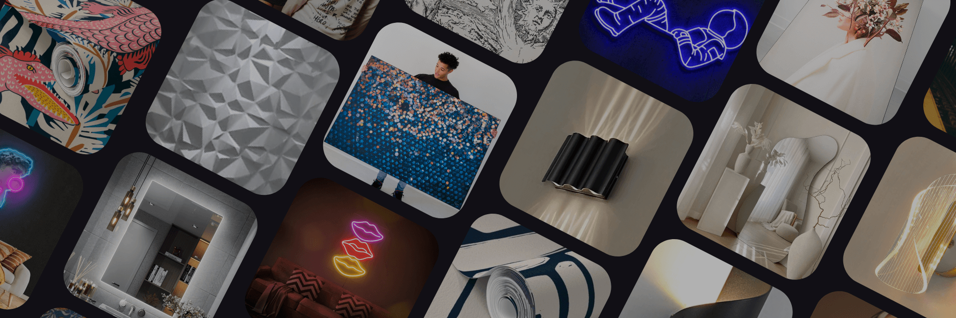 Collage of wall decor trends for 2024 including oversized wall art, wall sconces, wall paper, diy wall coverings, 3d wall coverings, backlit mirrors, irregularly shaped mirrors, color and textures.