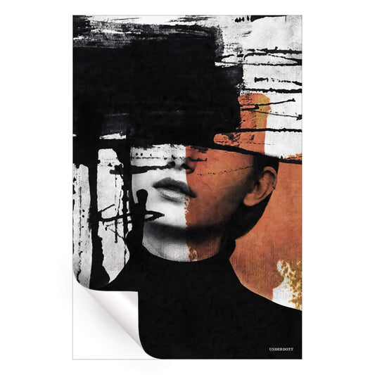 surreal abstract portrait with fragmented features and bold orange and black brushstrokes.
