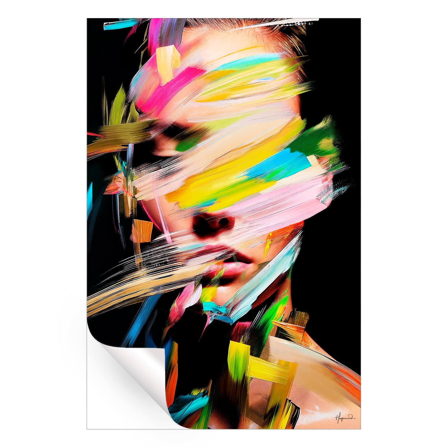 Bold, colorful abstract portrait with energetic brushstrokes in red, pink, and yellow.