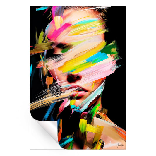 Bold, colorful abstract portrait with energetic brushstrokes in red, pink, and yellow.