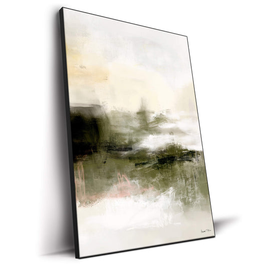 Abstract artwork blending olive green and white with fluid brushstrokes and subtle textures.