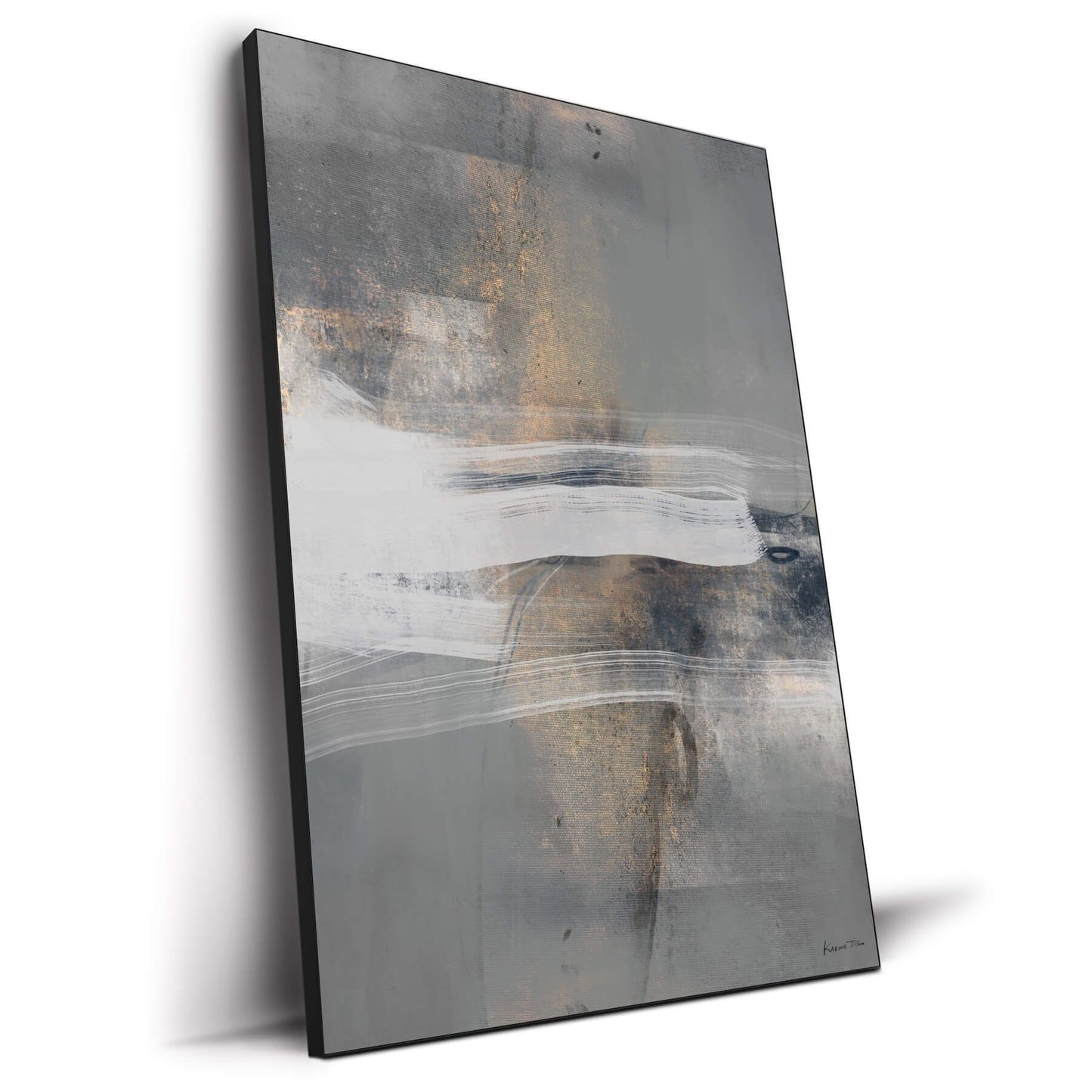 Abstract artwork with sweeping white brushstrokes over a textured gray and blue background, accented with metallic gold for depth and contrast.