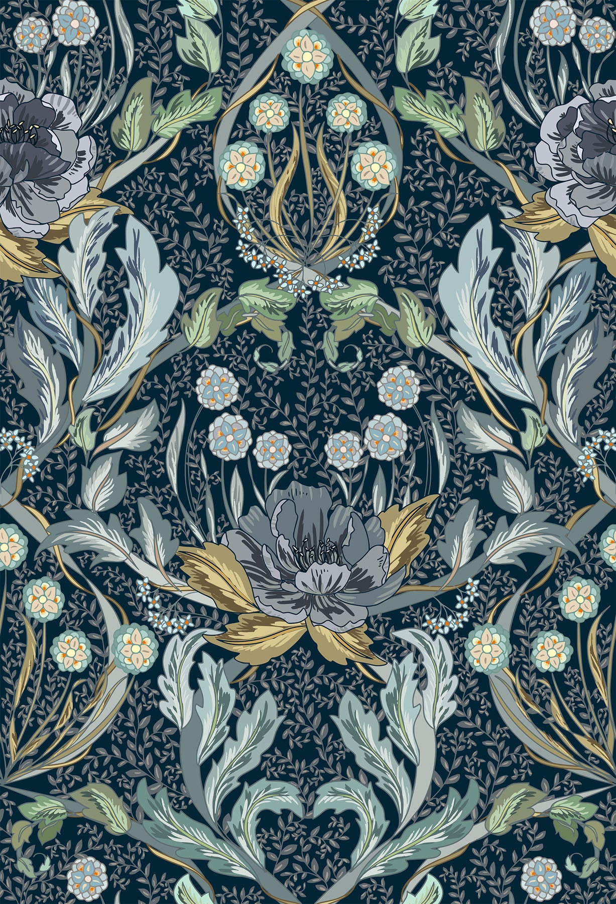 Decorative blue floral pattern with flowers and leaves on a navy blue background