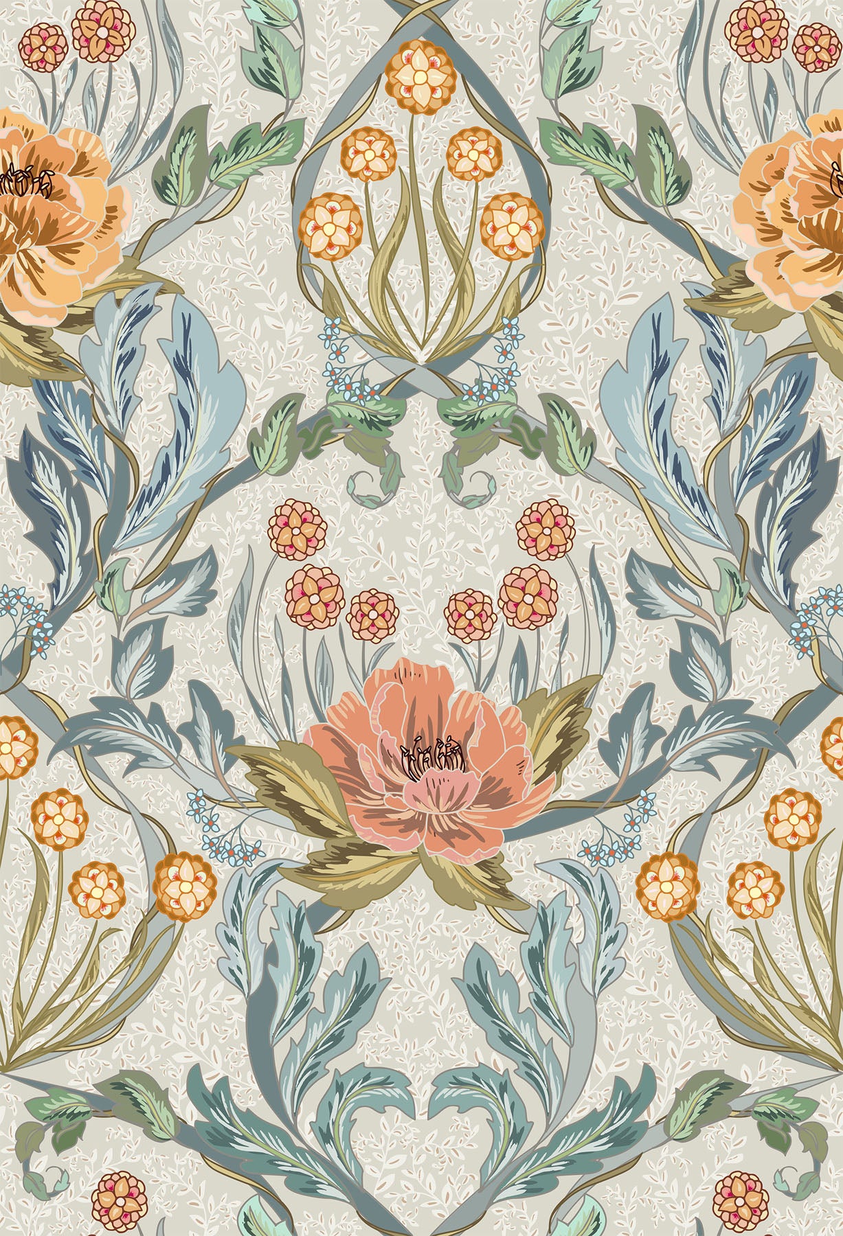 Muted colorful floral pattern with peach and green colors on a light background