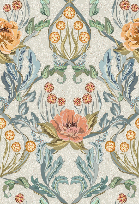 Muted colorful floral pattern with peach and green colors on a light background