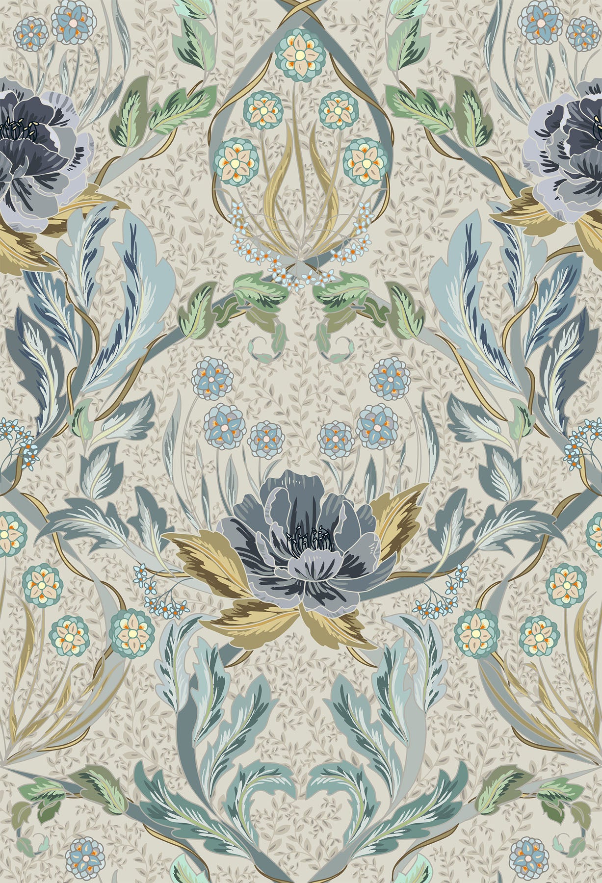 Decorative light blue floral wallpaper pattern with darker blue and green flowers on a beige background