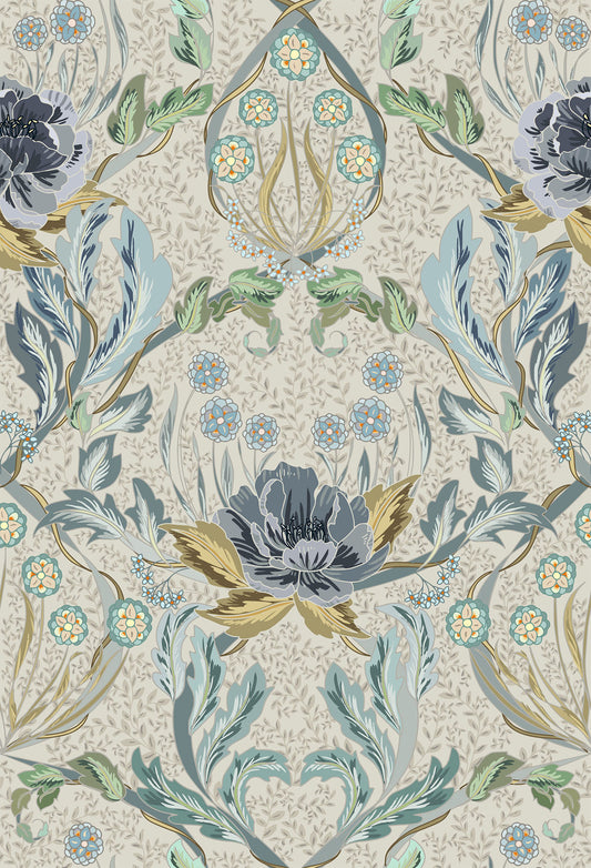 Decorative light blue floral wallpaper pattern with darker blue and green flowers on a beige background