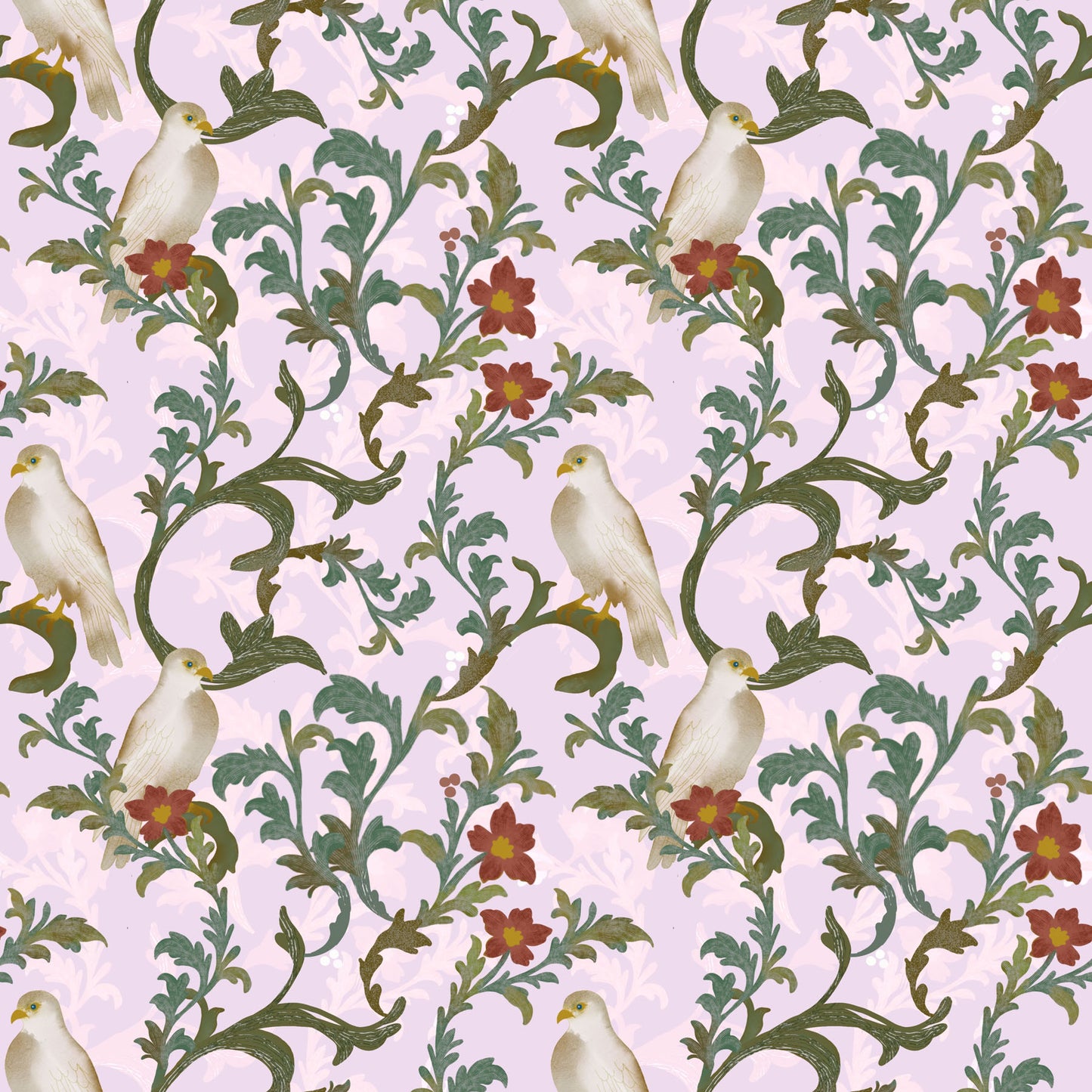 Decorative pattern with white doves and floral elements on a light pink background.