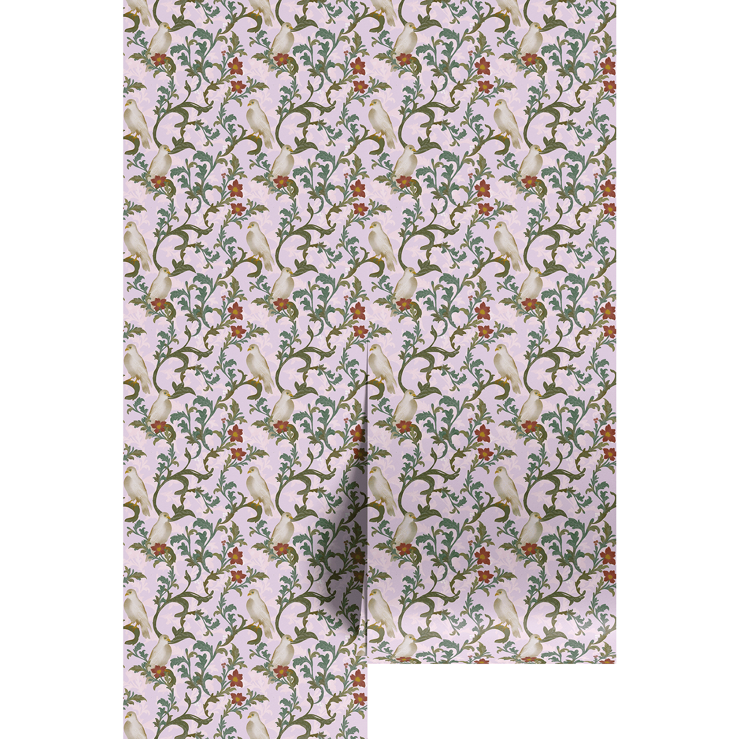 Floral patterned wallpaper with doves and a white background