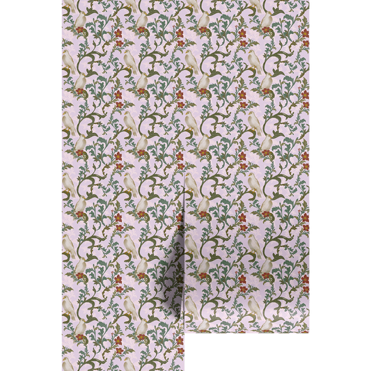 Floral patterned wallpaper with doves and a white background