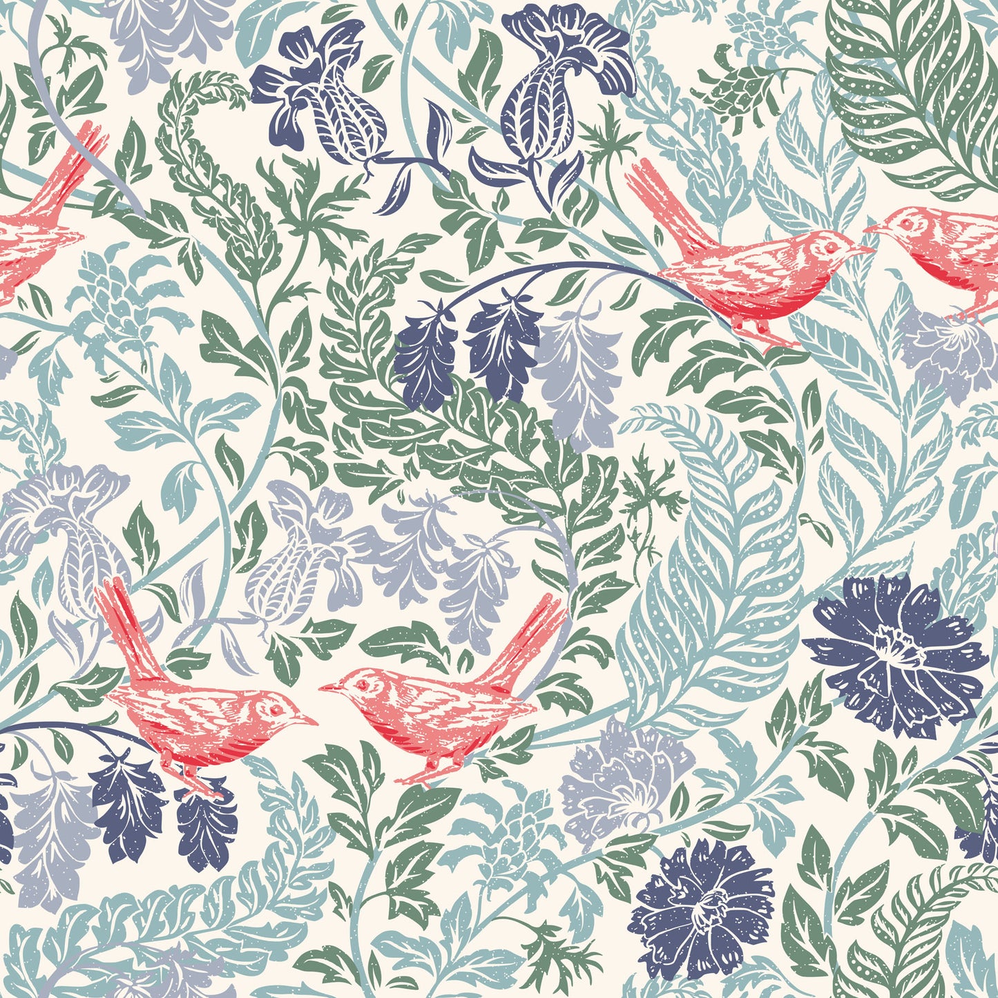 Pattern with birds and leaves in red, blue, and green on a white background.