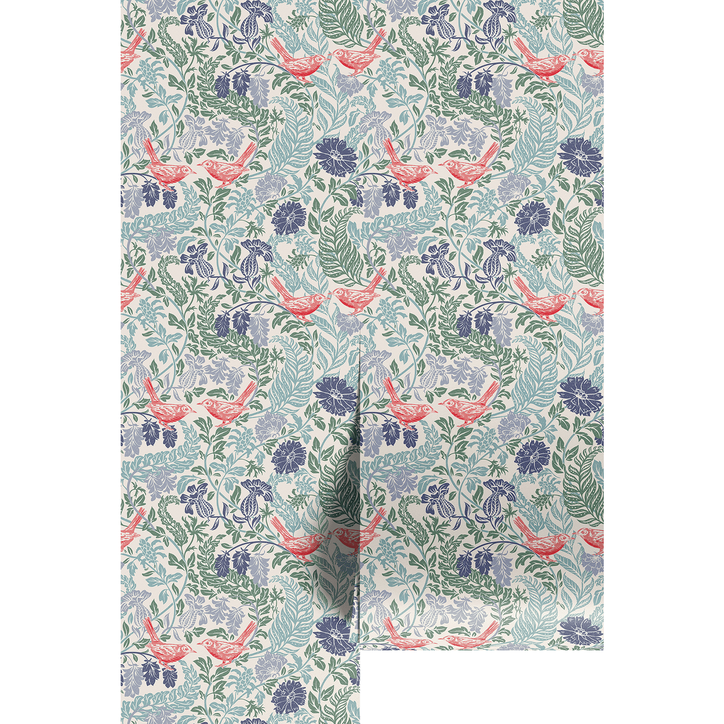 Floral and bird patterned wallpaper on a white background