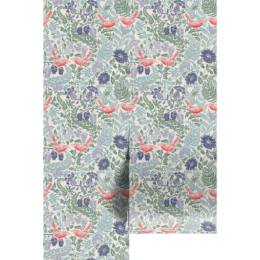 Floral and bird patterned wallpaper on a white background