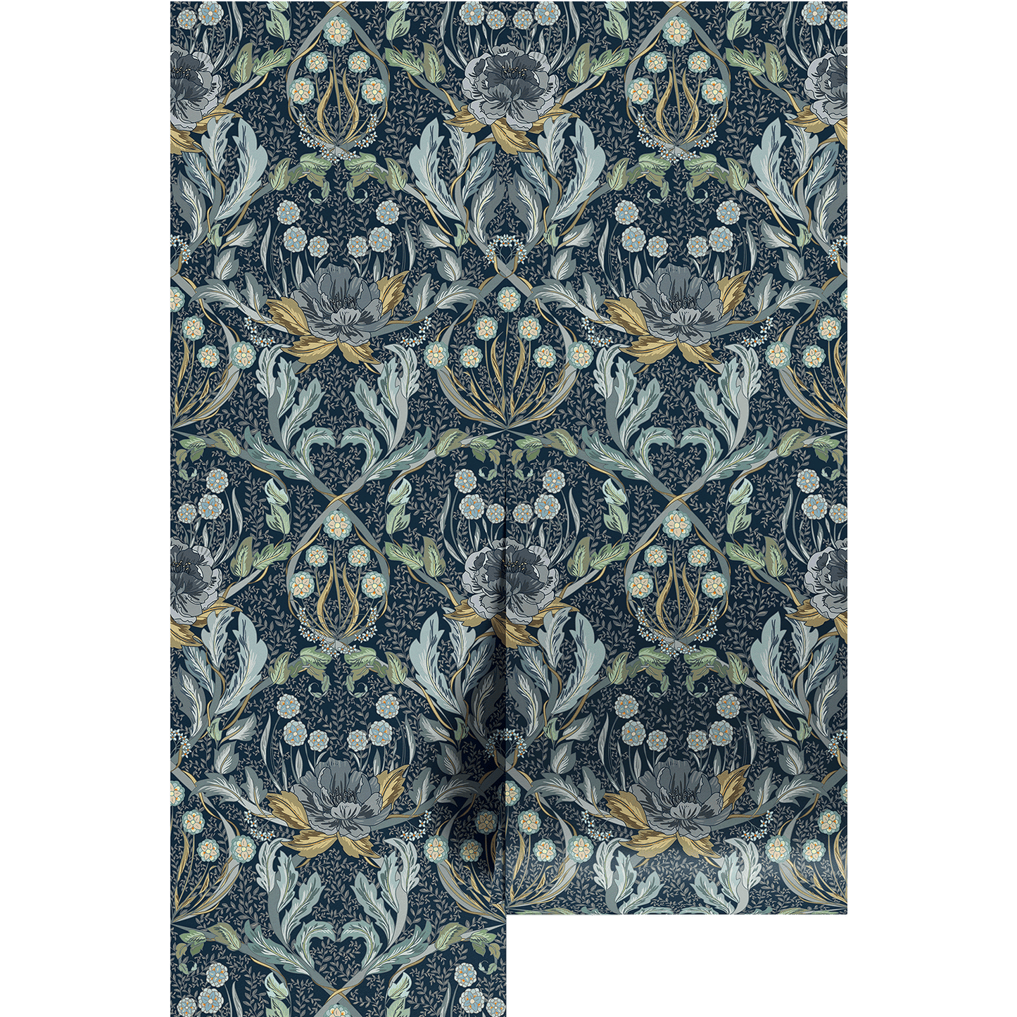 Dramatic navy blue floral pattern on wallpaper panels.