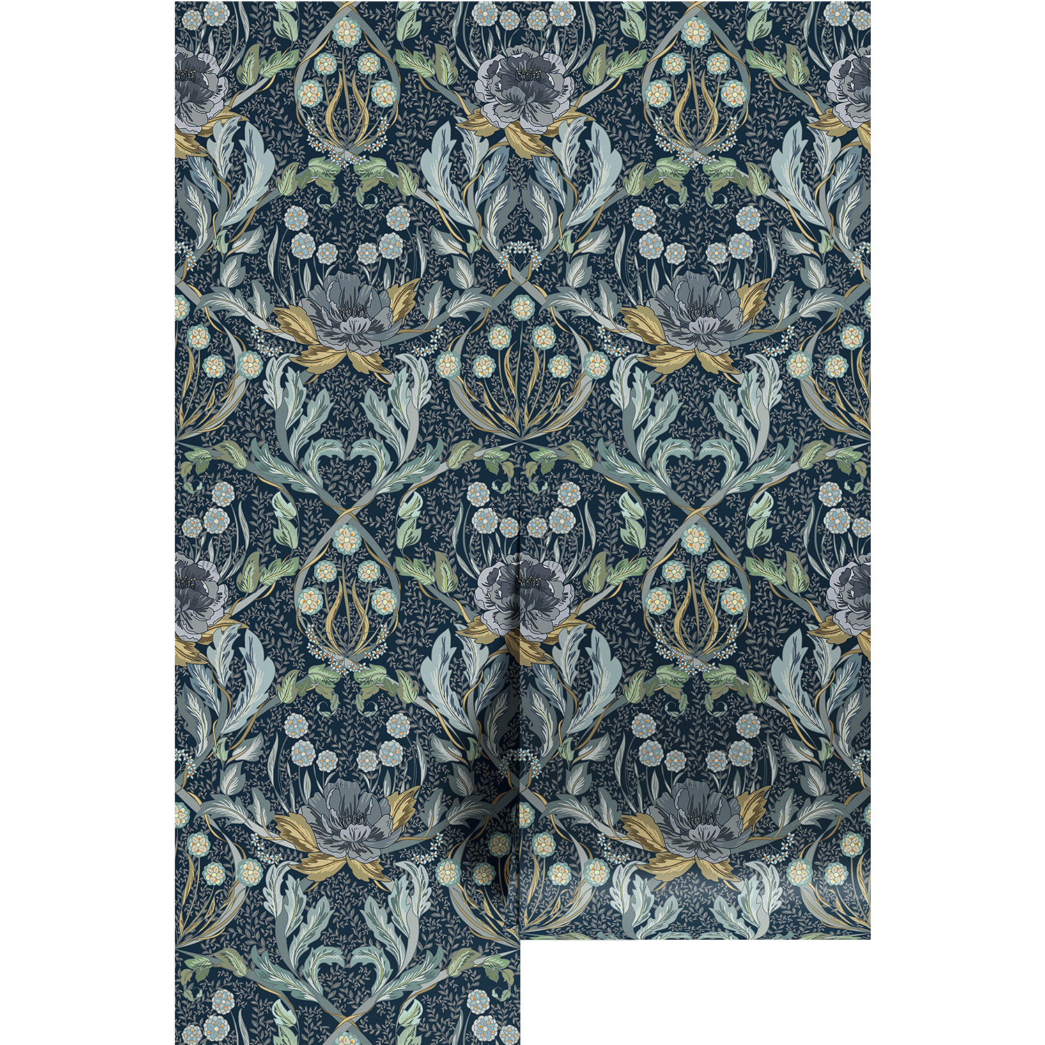 Dramatic navy blue floral pattern on wallpaper panels.