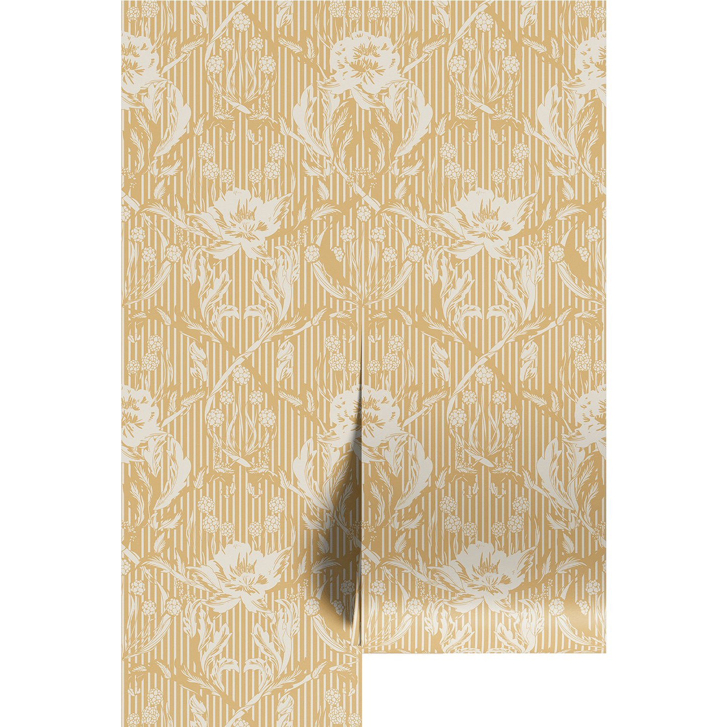 White and yellow striped floral patterned paper with white flowers on wallpaper panels.