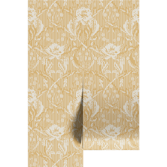White and yellow striped floral patterned paper with white flowers on wallpaper panels.