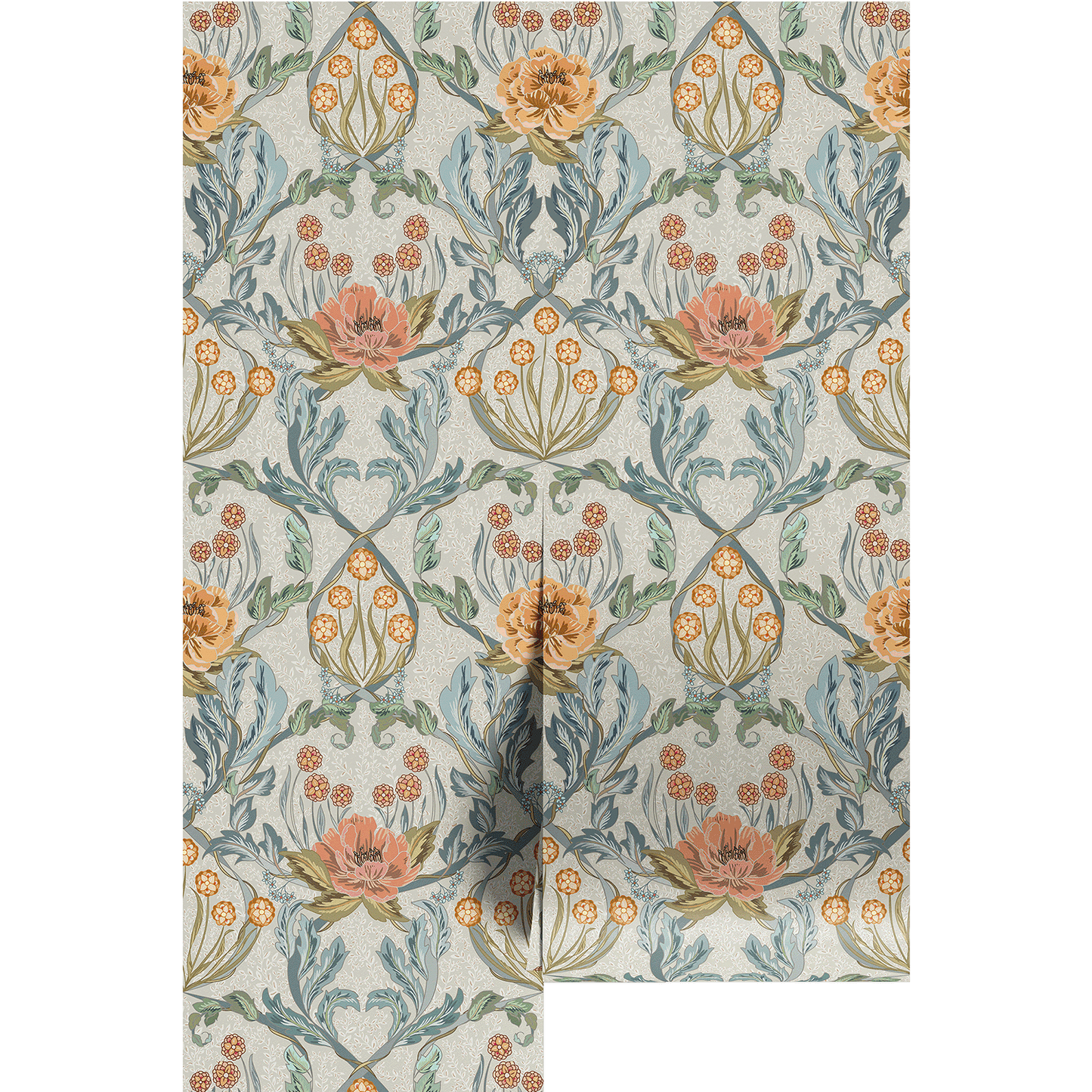 Ornate, peach and gold on a light blue background floral patterned wallpaper on wallpaper panels.