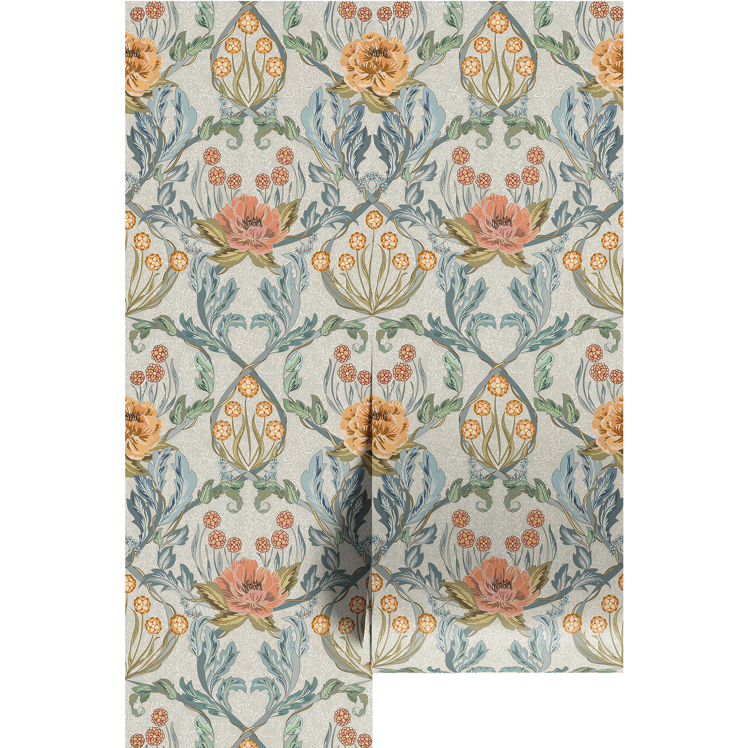 Ornate, peach and gold on a light blue background floral patterned wallpaper on wallpaper panels.