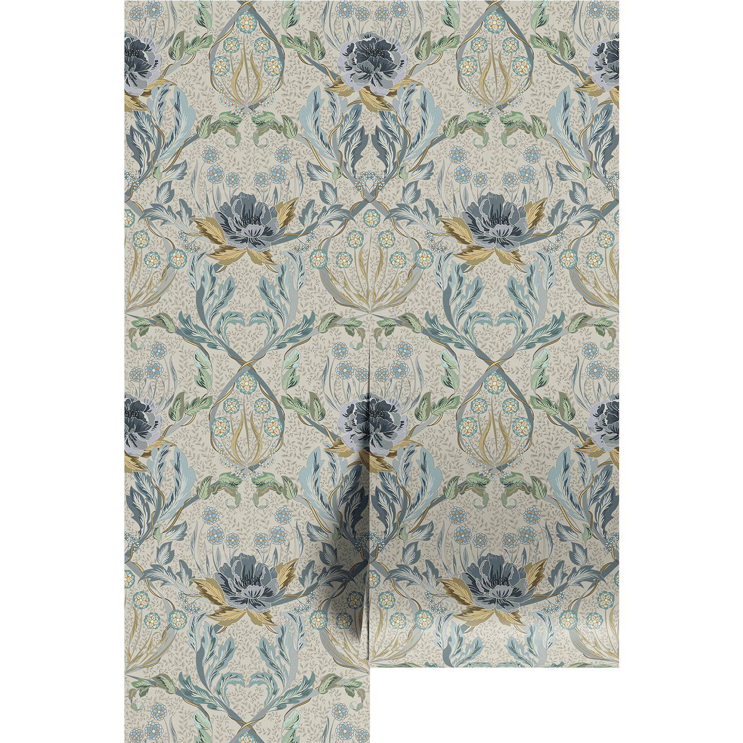 Light blue, ornate, floral wallpaper pattern with blue and green flowers on wallpaper panels.